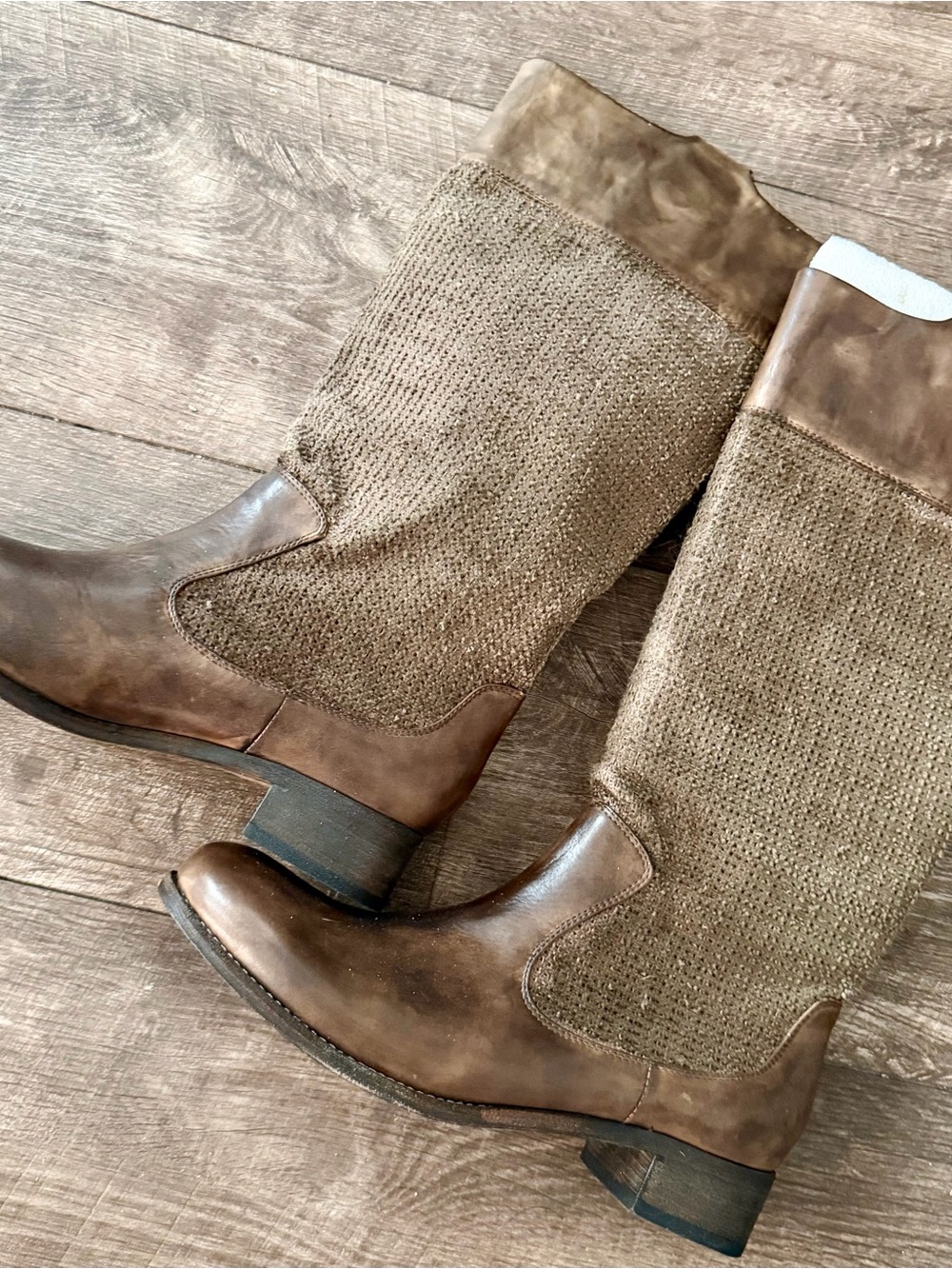 Steven By Steve Madden Brown Leather & Knit Mid-Calf Boots